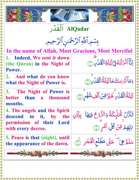 Surah Al-Qadr is the 97th and last surah of the Quran, revealed in Mecca and ordered 97 in the Quran. It is a chapter of supplications, praises and glorification of Allah, and it is the night of power for Muslims to perform their nightly prayers.